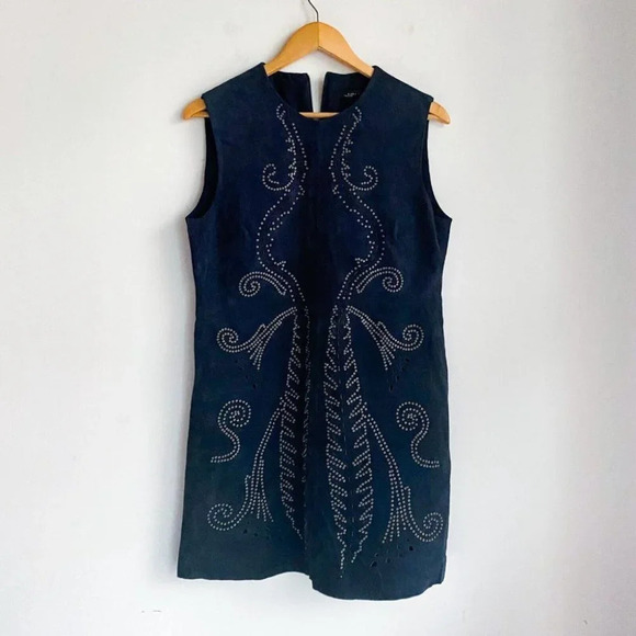 Zara Dark Navy Blue Suede Stud Rivet Detail Design Sleeveless Shift Dress L - Picture 5 of 7